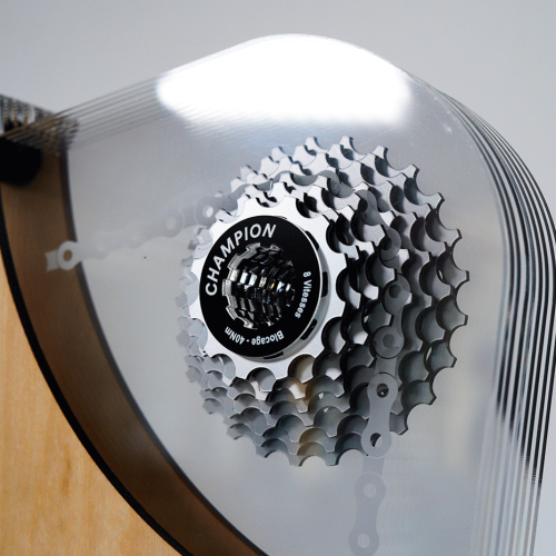 Trophäe aus Acryl mit Laserschneiden und eingraviertem Fahrradgangdesign