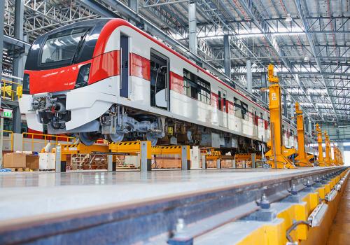 Metro train carriage being built in factory